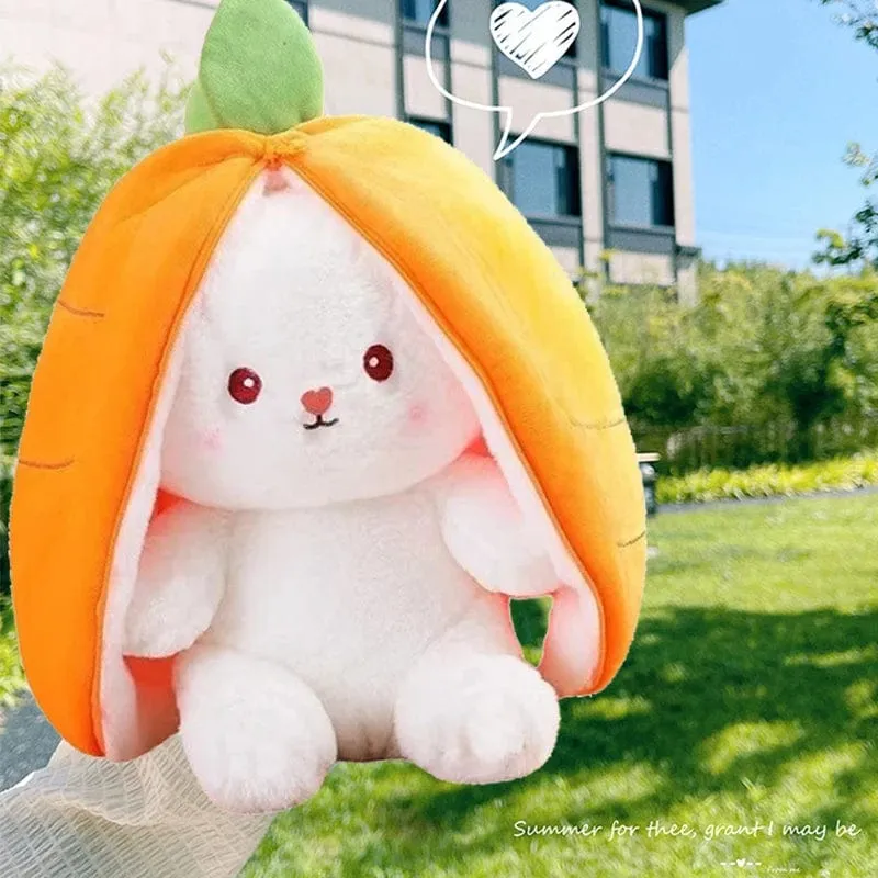 25 cm Cosplay Erdbeer-Karotten-Kaninchen-Plüschtier Ausgestopfte kreative Tasche in Obst verwandeln Baby-Kuschelhase-Plüschtierpuppe für Kinder