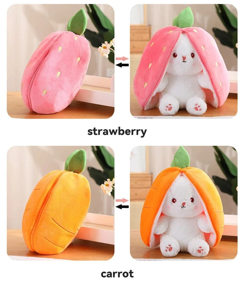 25 cm Cosplay Erdbeer-Karotten-Kaninchen-Plüschtier Ausgestopfte kreative Tasche in Obst verwandeln Baby-Kuschelhase-Plüschtierpuppe für Kinder