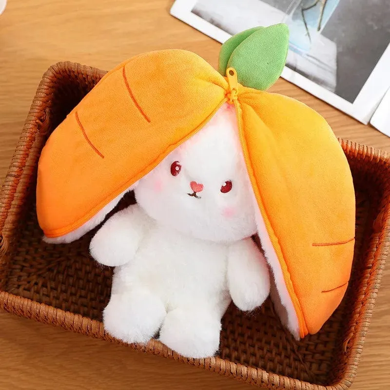 25 cm Cosplay Erdbeer-Karotten-Kaninchen-Plüschtier Ausgestopfte kreative Tasche in Obst verwandeln Baby-Kuschelhase-Plüschtierpuppe für Kinder