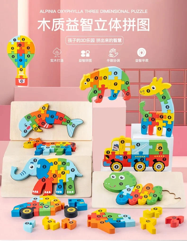 Montessori-Holzpuzzle für Kleinkinder, Montessori-Spielzeug für Kleinkinder im Alter von 2, 3, 4 und 5 Jahren, Top-3D-Puzzle, pädagogisches Dinosaurierspielzeug