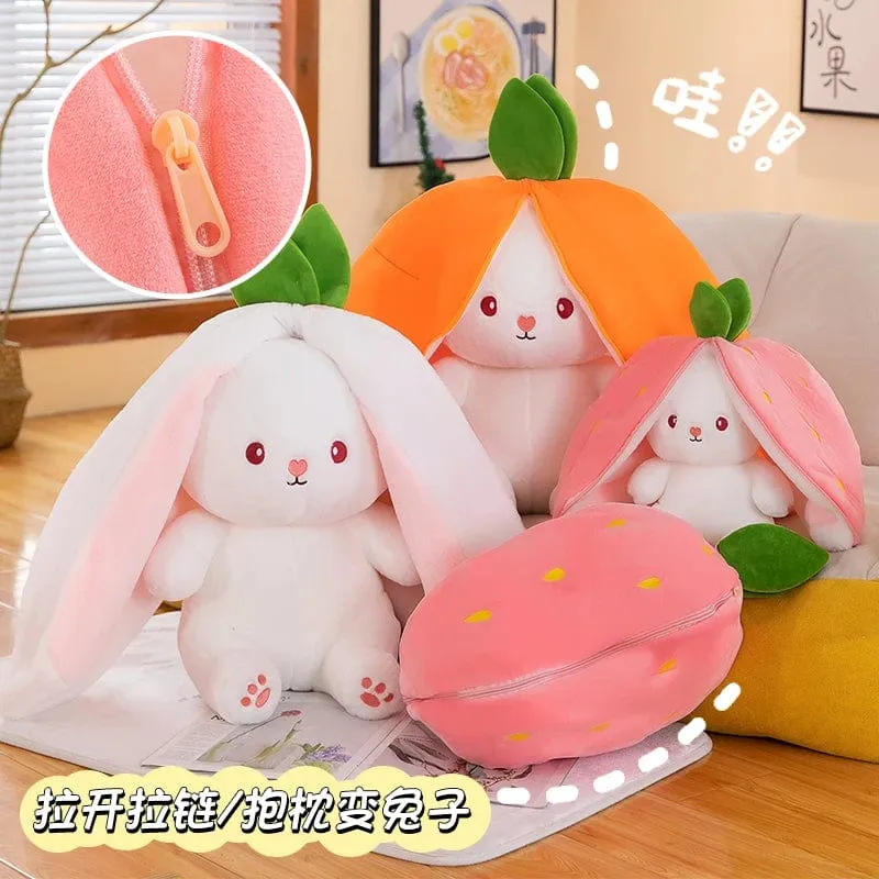 35-75 cm Transformiertes Erdbeerkaninchen-Puppenplüschtier Kleine weiße Kaninchenpuppe Karottenkaninchen-Schlafkissen-Puppengeschenk