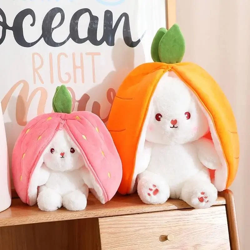 35-75 cm Transformiertes Erdbeerkaninchen-Puppenplüschtier Kleine weiße Kaninchenpuppe Karottenkaninchen-Schlafkissen-Puppengeschenk