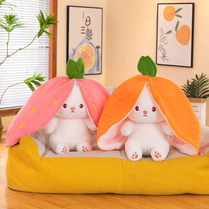 35-75 cm Transformiertes Erdbeerkaninchen-Puppenplüschtier Kleine weiße Kaninchenpuppe Karottenkaninchen-Schlafkissen-Puppengeschenk
