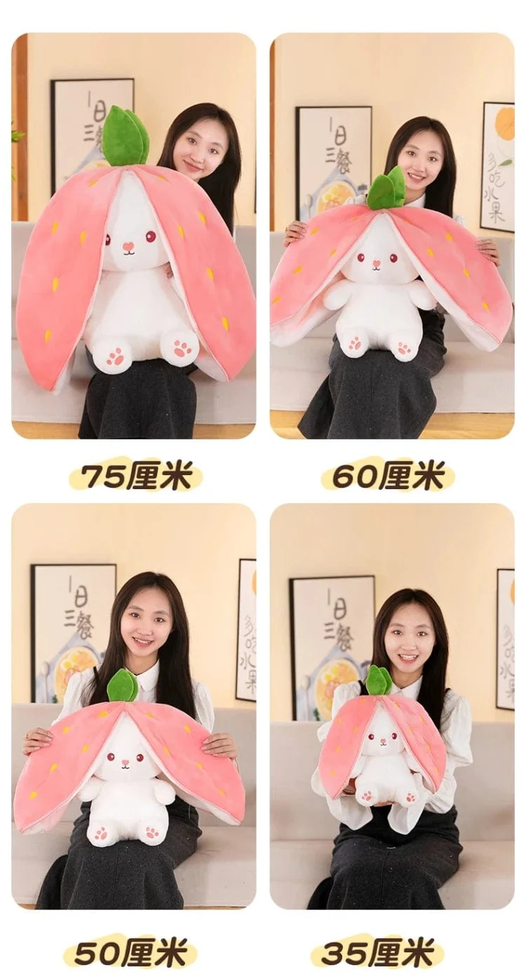 35-75 cm Transformiertes Erdbeerkaninchen-Puppenplüschtier Kleine weiße Kaninchenpuppe Karottenkaninchen-Schlafkissen-Puppengeschenk