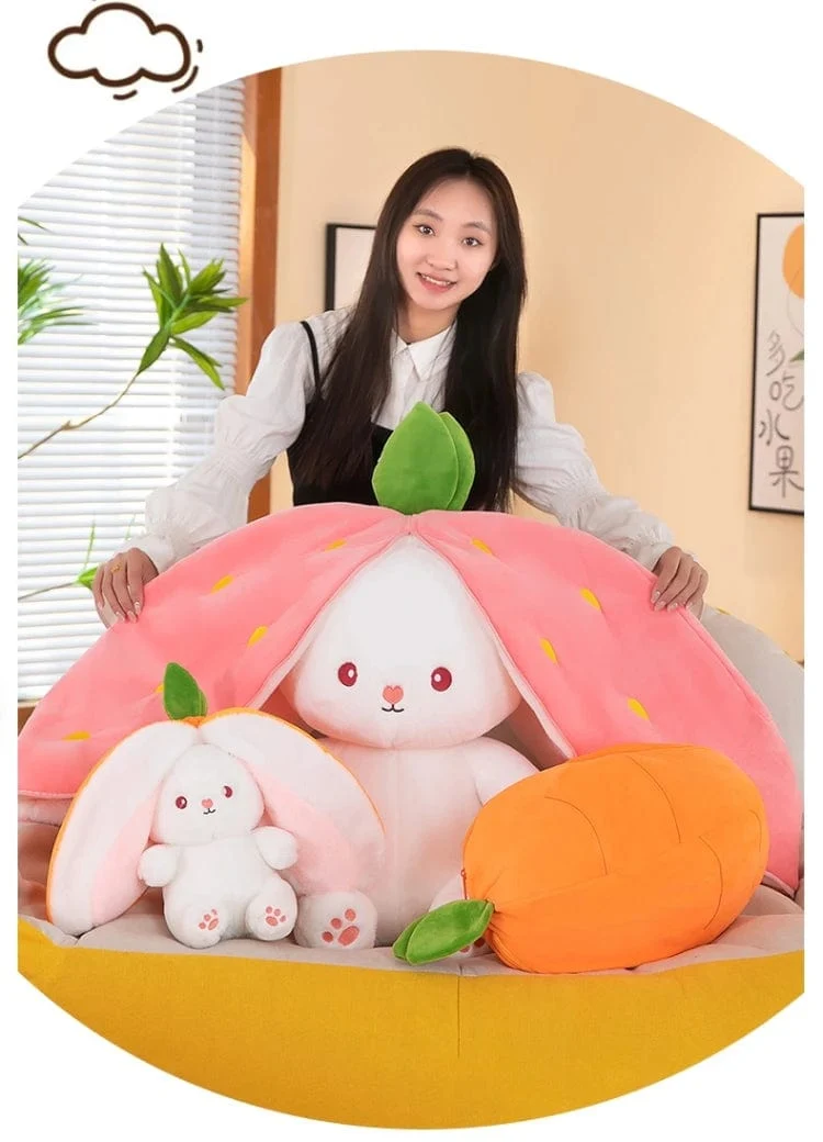 35-75 cm Transformiertes Erdbeerkaninchen-Puppenplüschtier Kleine weiße Kaninchenpuppe Karottenkaninchen-Schlafkissen-Puppengeschenk