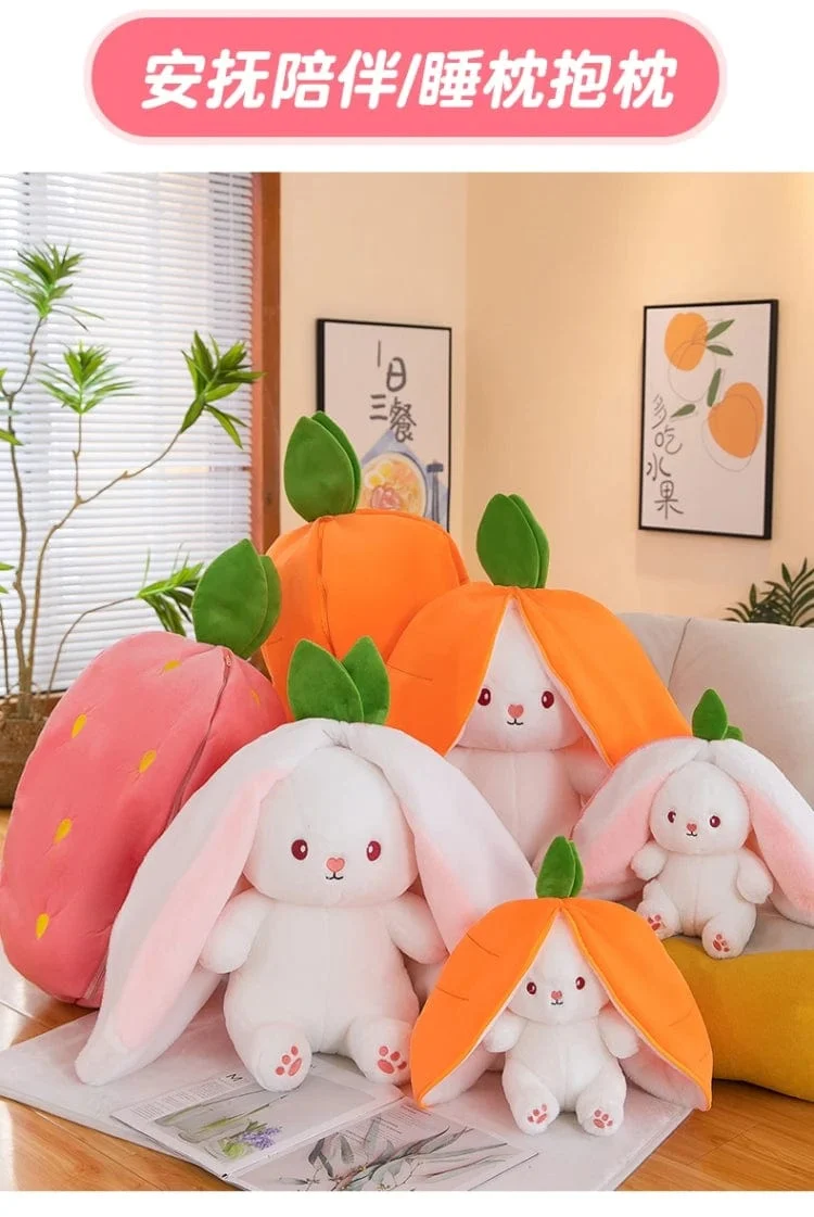 35-75 cm Transformiertes Erdbeerkaninchen-Puppenplüschtier Kleine weiße Kaninchenpuppe Karottenkaninchen-Schlafkissen-Puppengeschenk