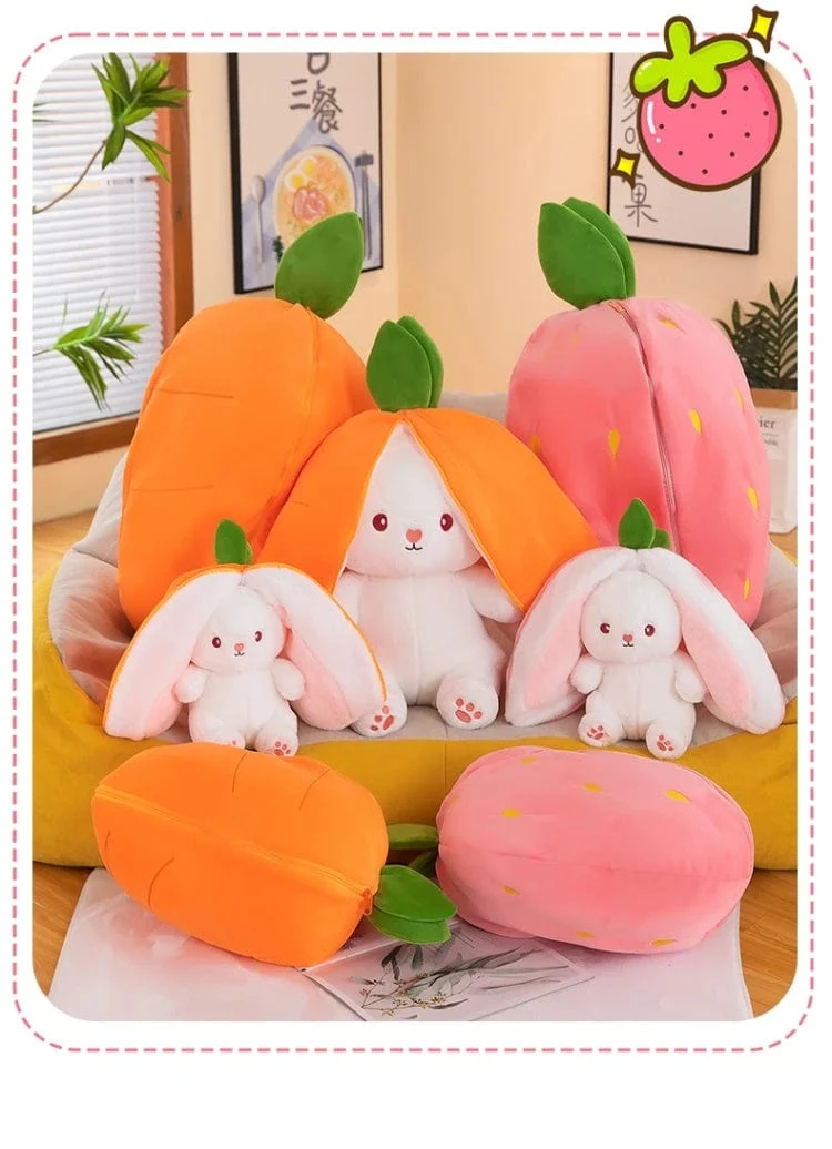 35-75 cm Transformiertes Erdbeerkaninchen-Puppenplüschtier Kleine weiße Kaninchenpuppe Karottenkaninchen-Schlafkissen-Puppengeschenk