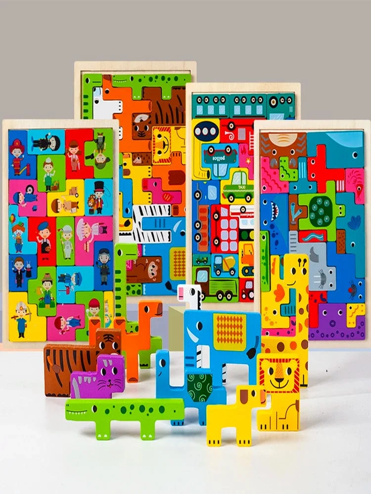 Montessori Tierfiguren Transport Holzpuzzle Russische Blöcke Niedliche Tiere Puzzle Spielzeug Beruf