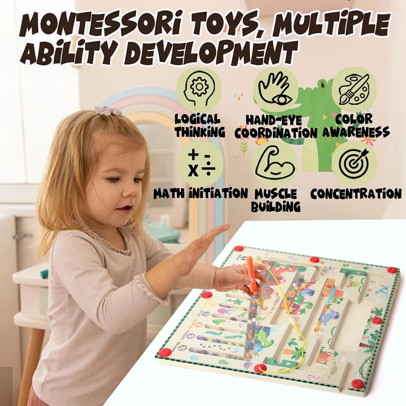 Magnetisches Farb- und Zahlenlabyrinth, Montessori-Spielzeug, Holzpuzzle, Aktivitätstafel, Lernpuzzle, Zähl- und Zuordnungsspielzeug für Kleinkinder