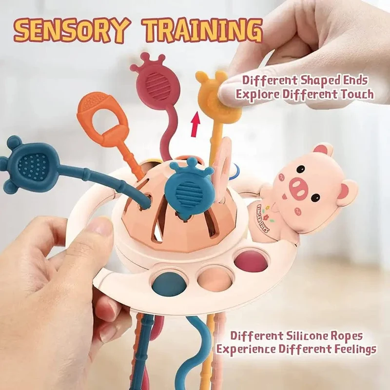 5 IN 1 Rosa Schwein Silikon Pull String Baby Entwicklung Zahnen Montessori Sensorischen Pädagogisches Spielzeug Reise Spielzeug Für Kinderwagen
