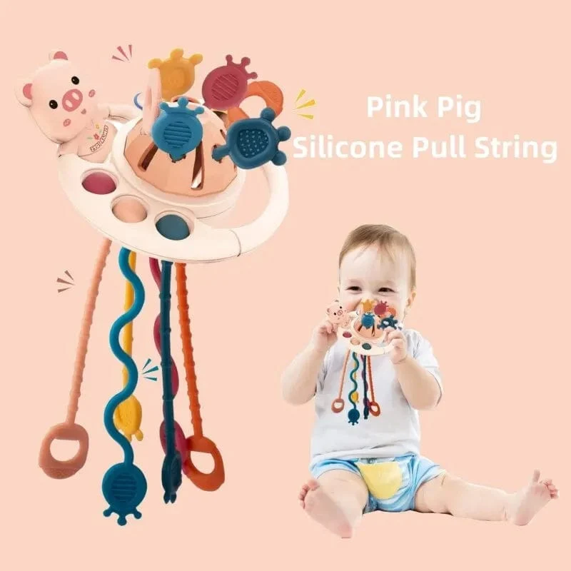 5 IN 1 Rosa Schwein Silikon Pull String Baby Entwicklung Zahnen Montessori Sensorischen Pädagogisches Spielzeug Reise Spielzeug Für Kinderwagen