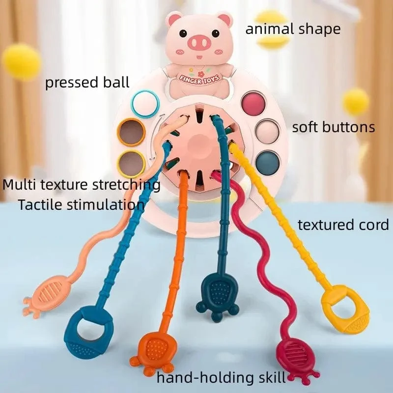 5 IN 1 Rosa Schwein Silikon Pull String Baby Entwicklung Zahnen Montessori Sensorischen Pädagogisches Spielzeug Reise Spielzeug Für Kinderwagen