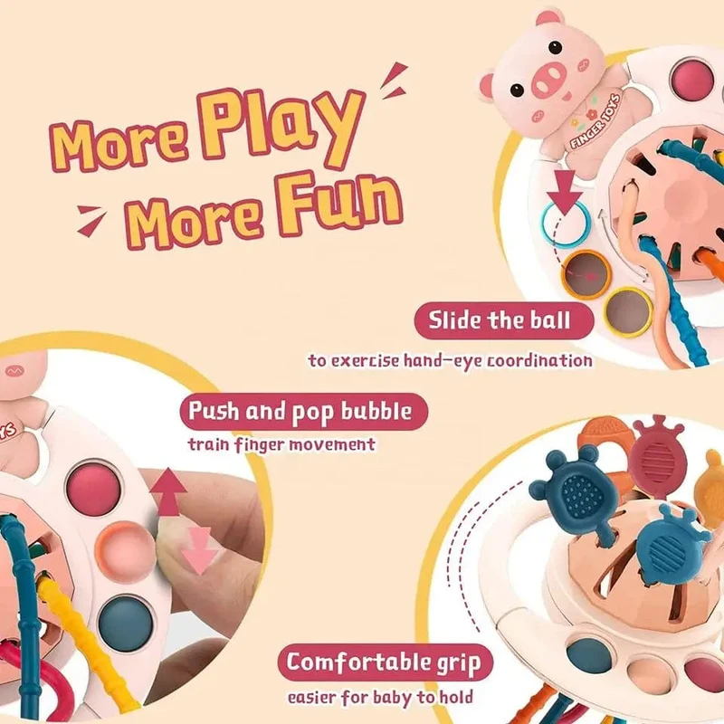 5 IN 1 Rosa Schwein Silikon Pull String Baby Entwicklung Zahnen Montessori Sensorischen Pädagogisches Spielzeug Reise Spielzeug Für Kinderwagen