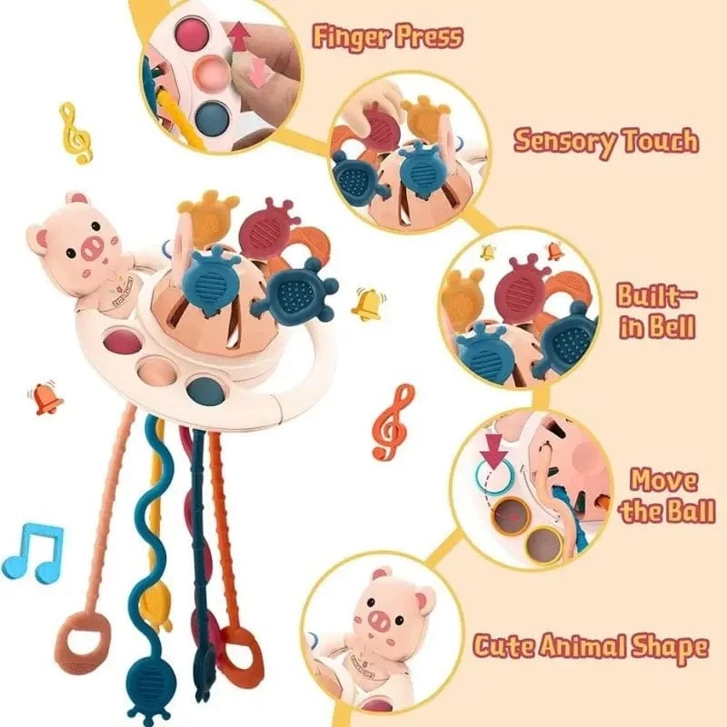 5 IN 1 Rosa Schwein Silikon Pull String Baby Entwicklung Zahnen Montessori Sensorischen Pädagogisches Spielzeug Reise Spielzeug Für Kinderwagen