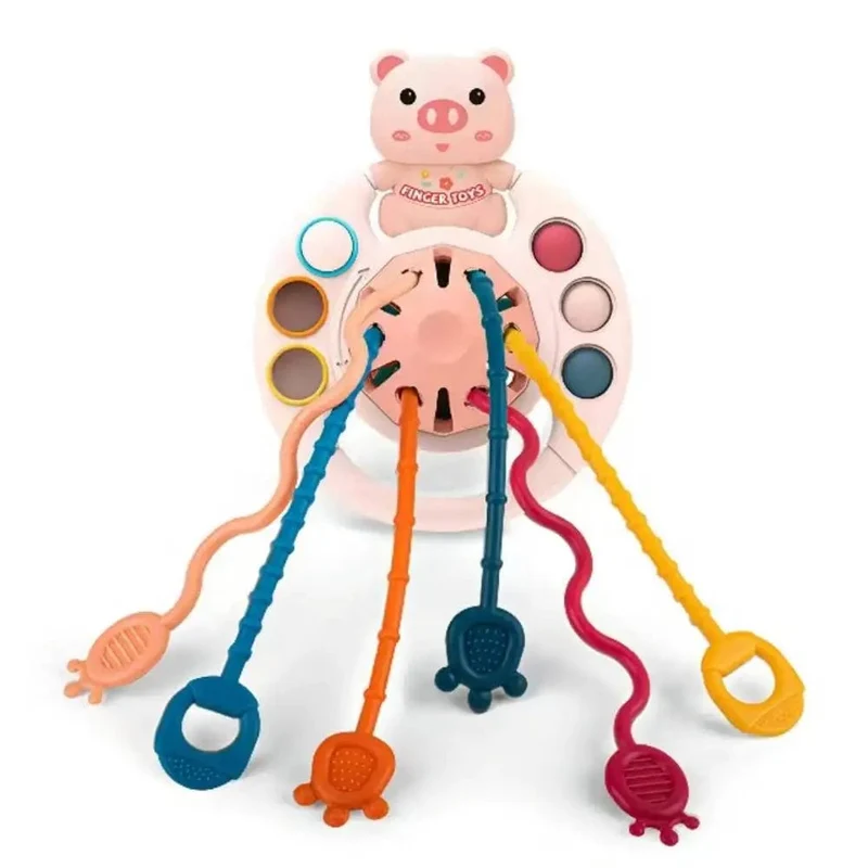 5 IN 1 Rosa Schwein Silikon Pull String Baby Entwicklung Zahnen Montessori Sensorischen Pädagogisches Spielzeug Reise Spielzeug Für Kinderwagen