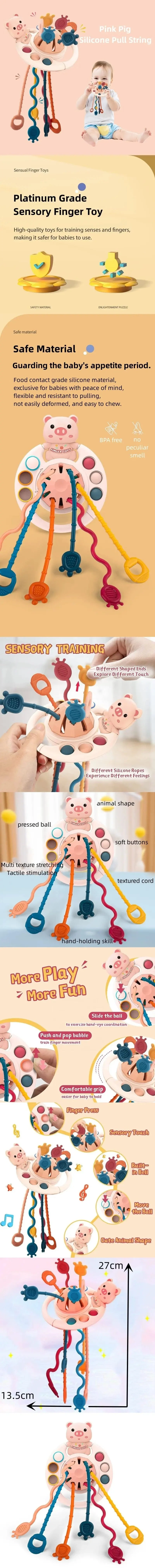 5 IN 1 Rosa Schwein Silikon Pull String Baby Entwicklung Zahnen Montessori Sensorischen Pädagogisches Spielzeug Reise Spielzeug Für Kinderwagen