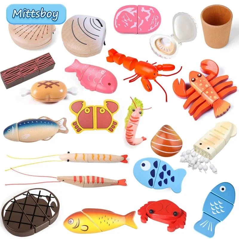 Neu Montessori Simulation Tier Magnetische Spielhaus Fisch Garnelen Krabben Shell Gewürz Sashimi Backen Spielzeug Holz Pädagogisches Spielzeug