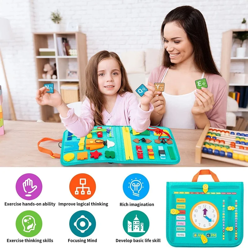 Montessori-Beschäftigungsbrett, Sensorisches Filzbrett für Kleinkinder, pädagogische Aktivität, Entwicklung grundlegender Anzieh- und Feinmotorikfähigkeiten, Reisespielzeug