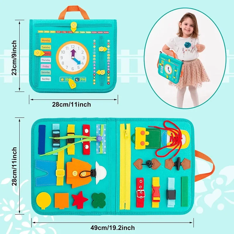 Montessori-Beschäftigungsbrett, Sensorisches Filzbrett für Kleinkinder, pädagogische Aktivität, Entwicklung grundlegender Anzieh- und Feinmotorikfähigkeiten, Reisespielzeug