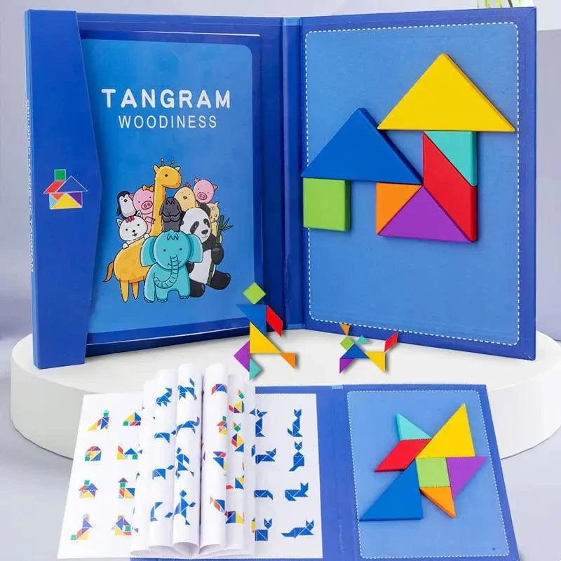 Magnetisches 3D-Puzzlebuch, geometrische Formen, Tangram, Puzzlebrett, Montessori-Spiele für Kinder, Baby, pädagogisches Holzspielzeug, Geschenke für Kinder