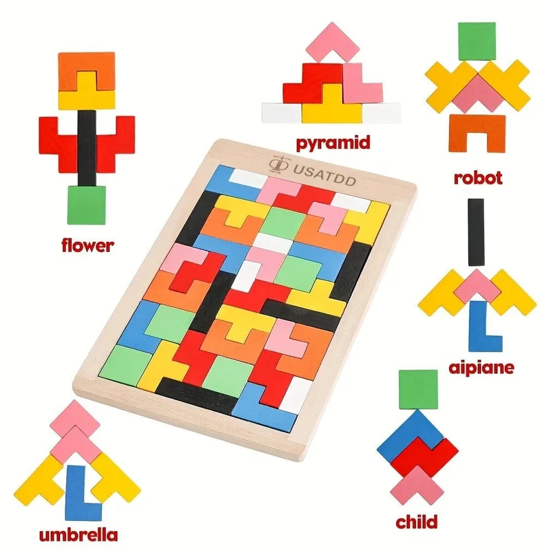 Holzpuzzles Blöcke Denksportaufgaben Spielzeug Tangram Buntes Puzzlespiel Vorschulisches pädagogisches Geschenk für Babys Kleinkinder Kinder