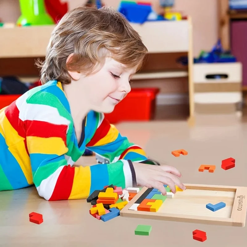Holzpuzzles Blöcke Denksportaufgaben Spielzeug Tangram Buntes Puzzlespiel Vorschulisches pädagogisches Geschenk für Babys Kleinkinder Kinder