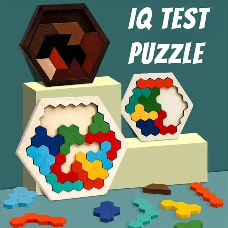 3D Sechseckige Holzpuzzles Lernspielzeug für Kinder Kinder Vorschul Tangram Bord Gehirn IQ Test Spiel Montessori Spielzeug Geschenke