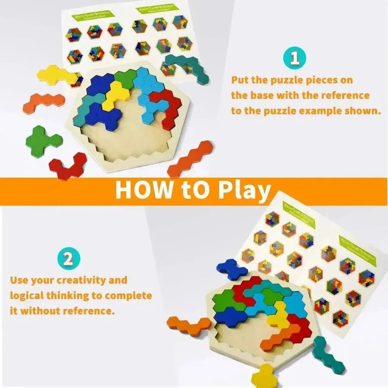 3D Sechseckige Holzpuzzles Lernspielzeug für Kinder Kinder Vorschul Tangram Bord Gehirn IQ Test Spiel Montessori Spielzeug Geschenke