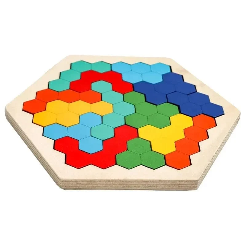 3D Sechseckige Holzpuzzles Lernspielzeug für Kinder Kinder Vorschul Tangram Bord Gehirn IQ Test Spiel Montessori Spielzeug Geschenke