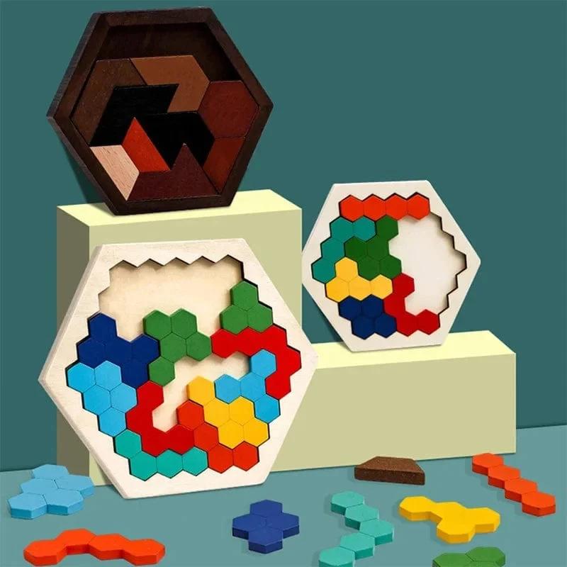 3D Sechseckige Holzpuzzles Lernspielzeug für Kinder Kinder Vorschul Tangram Bord Gehirn IQ Test Spiel Montessori Spielzeug Geschenke