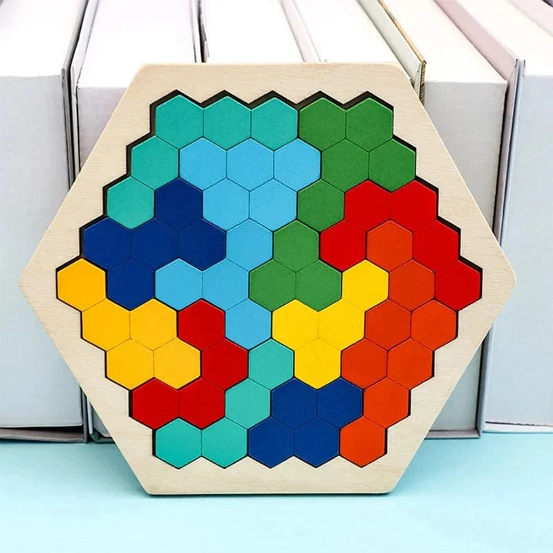 3D Sechseckige Holzpuzzles Lernspielzeug für Kinder Kinder Vorschul Tangram Bord Gehirn IQ Test Spiel Montessori Spielzeug Geschenke