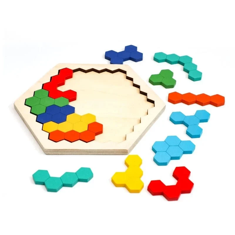 3D Sechseckige Holzpuzzles Lernspielzeug für Kinder Kinder Vorschul Tangram Bord Gehirn IQ Test Spiel Montessori Spielzeug Geschenke