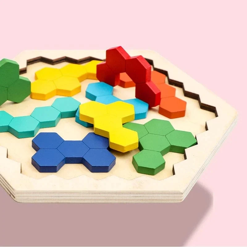 3D Sechseckige Holzpuzzles Lernspielzeug für Kinder Kinder Vorschul Tangram Bord Gehirn IQ Test Spiel Montessori Spielzeug Geschenke