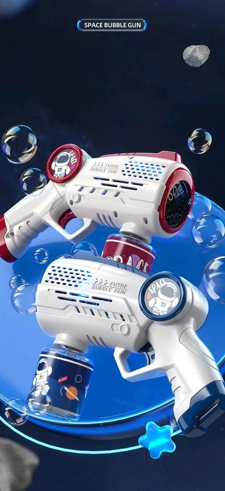 Neue poröse Astronauten-Elektro-Seifenblasenpistole, Kinderspielzeug, Seifenblasenmaschine, automatische Seifenblase mit Licht, Sommer-Party-Spiele im Freien