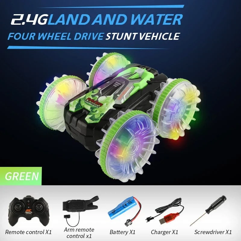Neues LED-Amphibien-RC-Auto mit doppelter Fernbedienung, wasserdichtes Stunt-Auto, doppelseitiger Flip-Drift-Antrieb, 360 ° -Drehung, RC-Autos, Kinderspielzeug