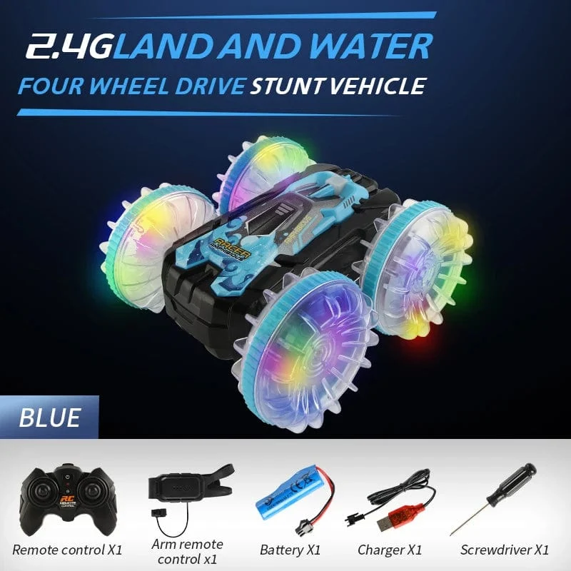 Neues LED-Amphibien-RC-Auto mit doppelter Fernbedienung, wasserdichtes Stunt-Auto, doppelseitiger Flip-Drift-Antrieb, 360 ° -Drehung, RC-Autos, Kinderspielzeug