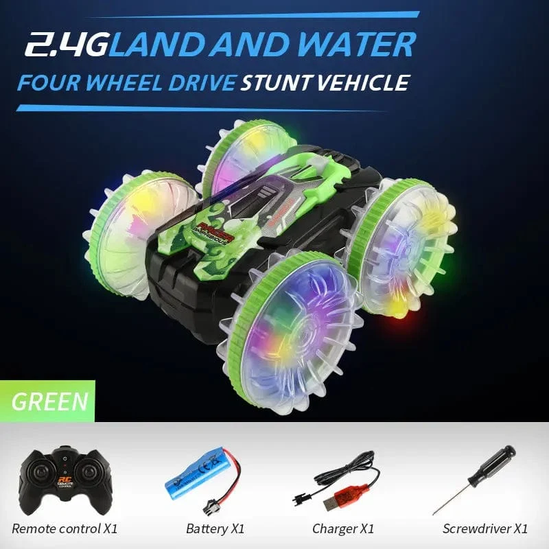 Neues LED-Amphibien-RC-Auto mit doppelter Fernbedienung, wasserdichtes Stunt-Auto, doppelseitiger Flip-Drift-Antrieb, 360 ° -Drehung, RC-Autos, Kinderspielzeug