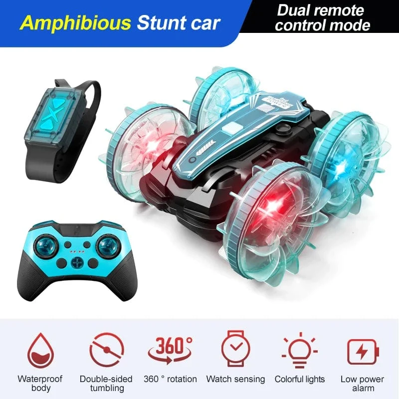 Neues LED-Amphibien-RC-Auto mit doppelter Fernbedienung, wasserdichtes Stunt-Auto, doppelseitiger Flip-Drift-Antrieb, 360 ° -Drehung, RC-Autos, Kinderspielzeug