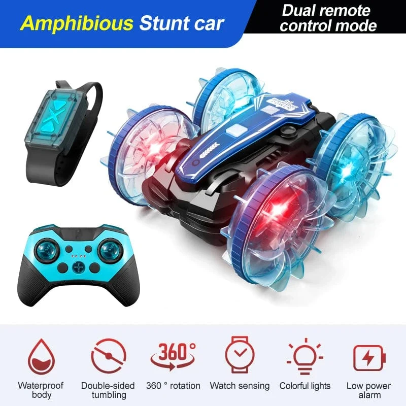 Neues LED-Amphibien-RC-Auto mit doppelter Fernbedienung, wasserdichtes Stunt-Auto, doppelseitiger Flip-Drift-Antrieb, 360 ° -Drehung, RC-Autos, Kinderspielzeug