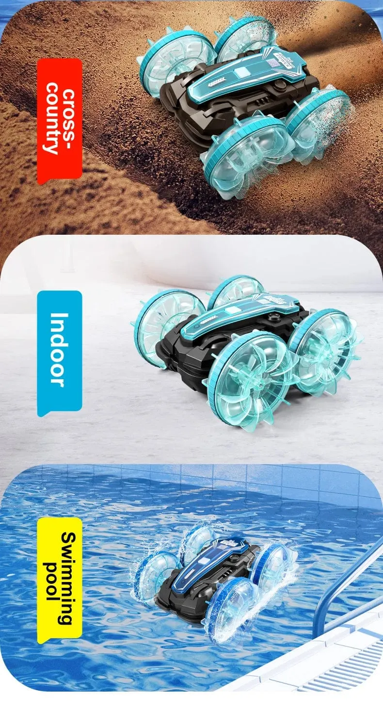 Neues LED-Amphibien-RC-Auto mit doppelter Fernbedienung, wasserdichtes Stunt-Auto, doppelseitiger Flip-Drift-Antrieb, 360 ° -Drehung, RC-Autos, Kinderspielzeug