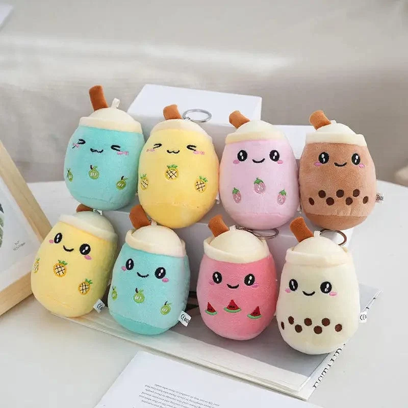 Niedliches Plüschkissen mit Fruchtmilch und Bubble Tea, Kawaii-Kuscheltier, weich und mit Saugnapf, Schlüsselanhänger, Rucksackanhänger, Geschenkidee