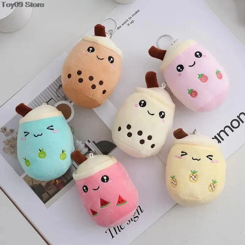 Niedliches Plüschkissen mit Fruchtmilch und Bubble Tea, Kawaii-Kuscheltier, weich und mit Saugnapf, Schlüsselanhänger, Rucksackanhänger, Geschenkidee