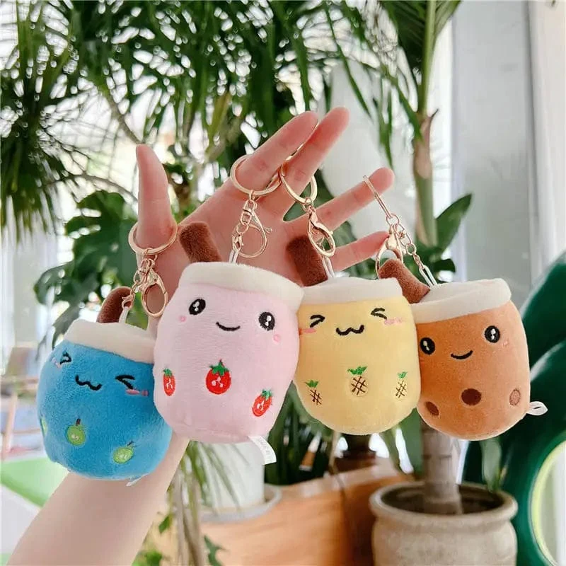 Niedliches Plüschkissen mit Fruchtmilch und Bubble Tea, Kawaii-Kuscheltier, weich und mit Saugnapf, Schlüsselanhänger, Rucksackanhänger, Geschenkidee