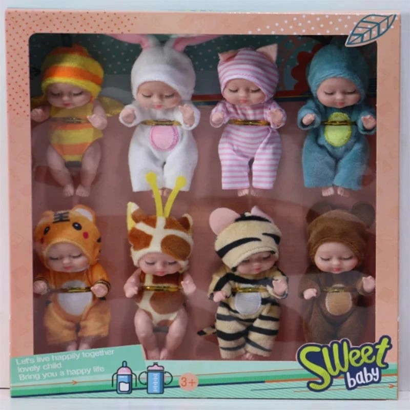 6/8-teiliges Set Schlafende Mini-Babypuppen Reborn Lebensechte süße entzückende Puppen mit Schmetterling Krokodil Sonnenblumen Outfits Spielset Geschenk