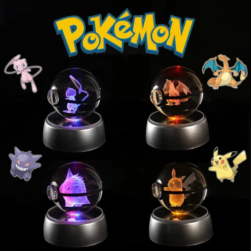 Pokemon 3D Kristallkugel Figur Gravur Pikachu Charizard Gengar mit LED-Licht Basis Anime Glaskugel Kind Geschenk Spielzeug