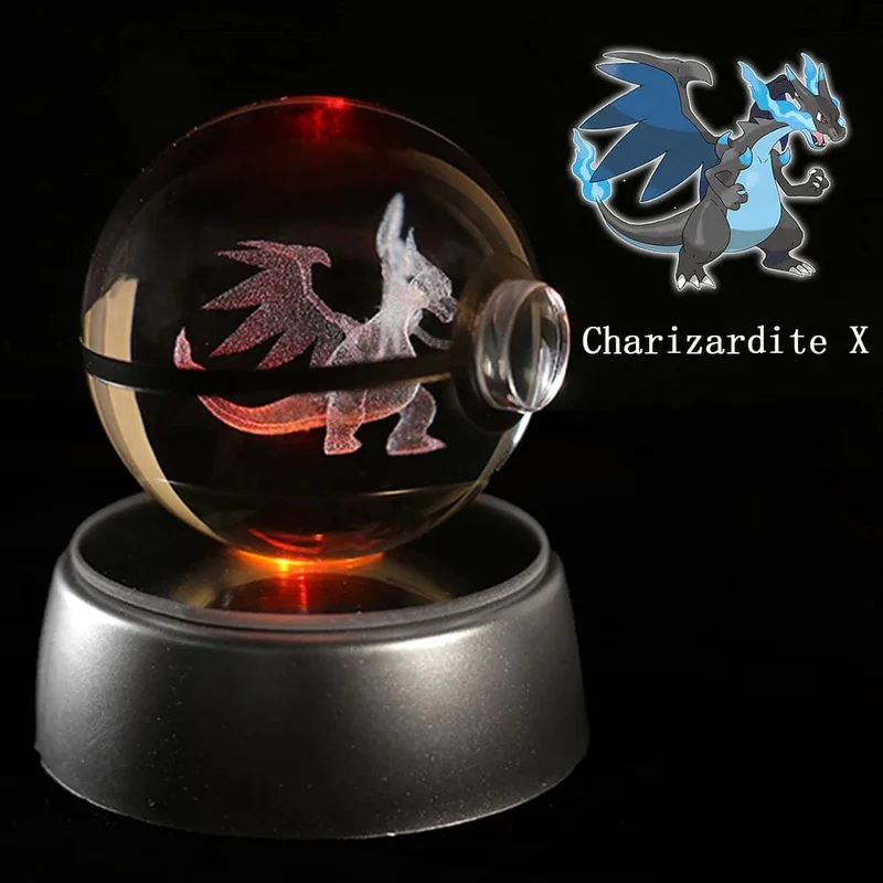 Pokemon 3D Kristallkugel Figur Gravur Pikachu Charizard Gengar mit LED-Licht Basis Anime Glaskugel Kind Geschenk Spielzeug