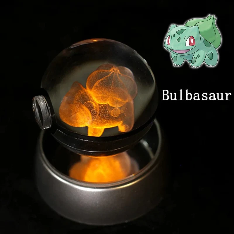Pokemon 3D Kristallkugel Figur Gravur Pikachu Charizard Gengar mit LED-Licht Basis Anime Glaskugel Kind Geschenk Spielzeug