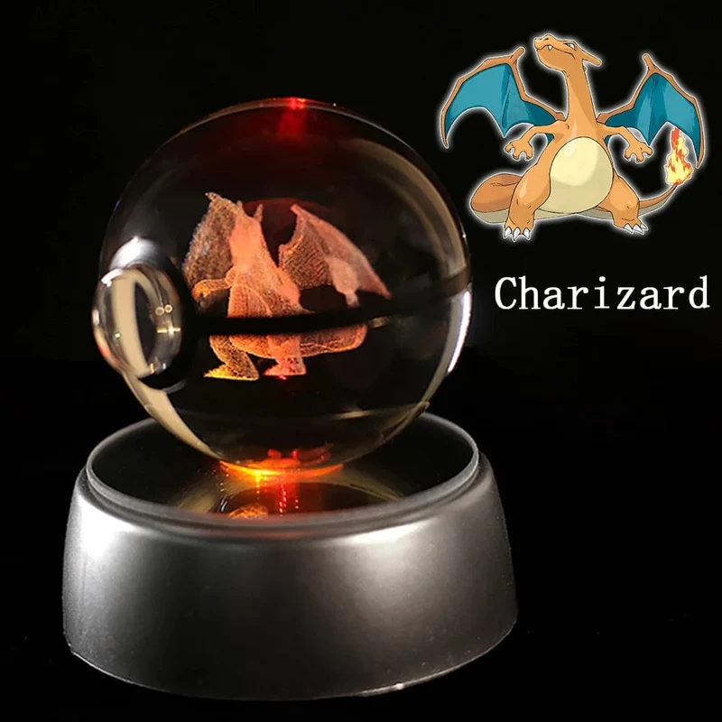 Pokemon 3D Kristallkugel Figur Gravur Pikachu Charizard Gengar mit LED-Licht Basis Anime Glaskugel Kind Geschenk Spielzeug