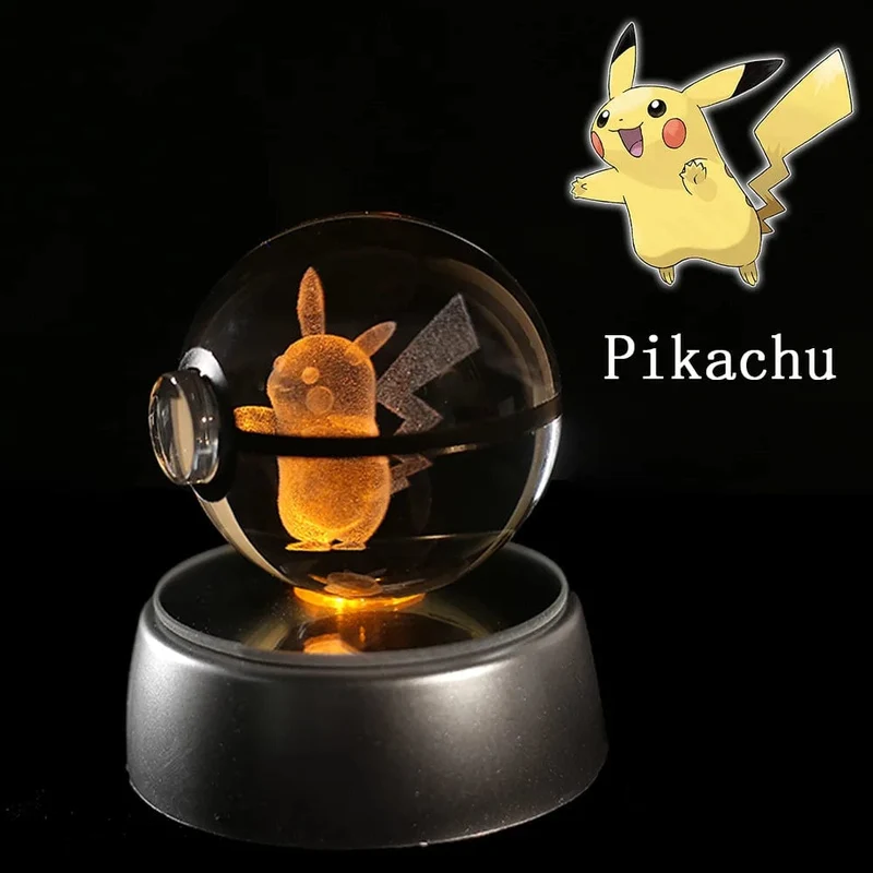 Pokemon 3D Kristallkugel Figur Gravur Pikachu Charizard Gengar mit LED-Licht Basis Anime Glaskugel Kind Geschenk Spielzeug