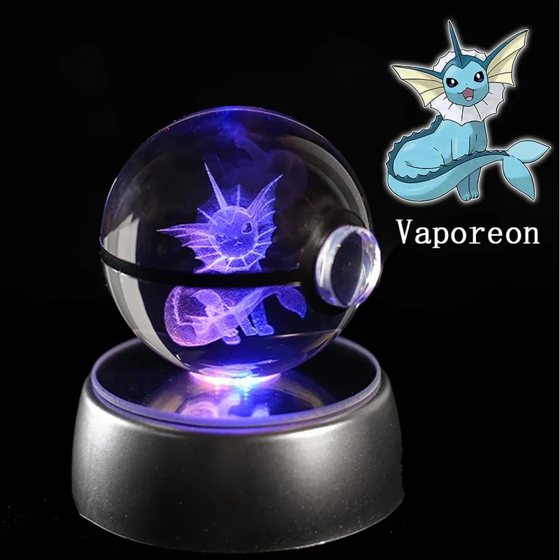 Pokemon 3D Kristallkugel Figur Gravur Pikachu Charizard Gengar mit LED-Licht Basis Anime Glaskugel Kind Geschenk Spielzeug